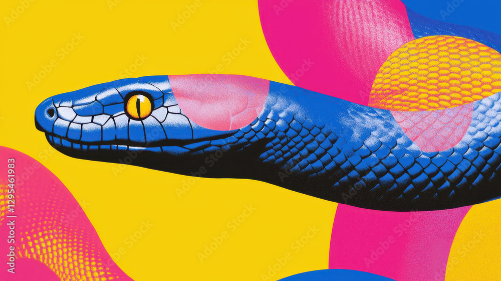 Obraz premium vibrant pop art depiction of blue snake against bright yellow background, featuring bold colors and patterns
