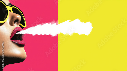Bold pop art style featuring vibrant colors and woman exhaling smoke