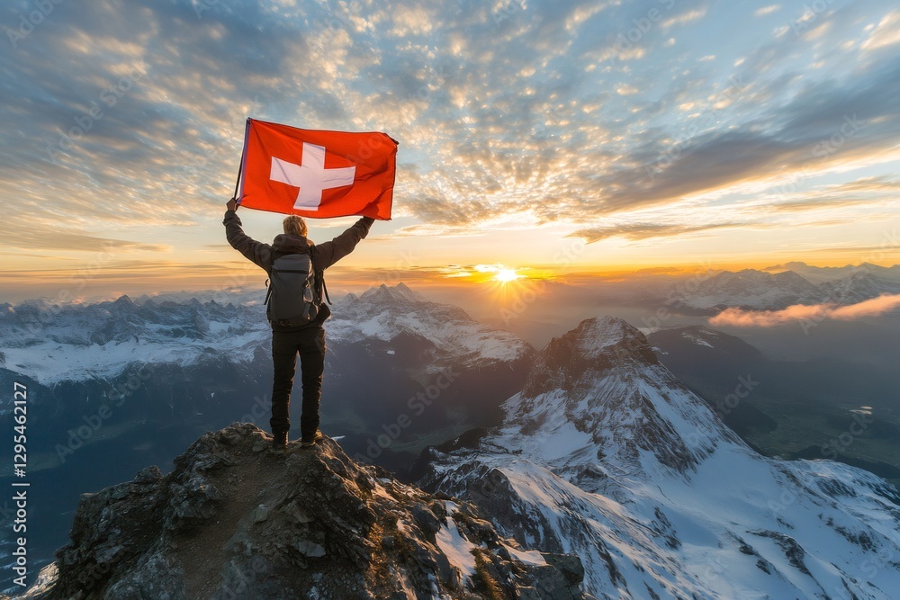 Obraz premium Hiker is holding Swiss flag on top of a mountain at sunrise