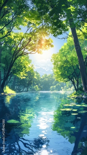 Serene lake surrounded by lush green trees reflecting sunlight in tranquil water landscape nature scene painting style