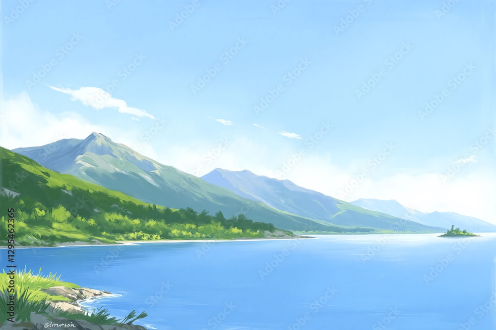 painting of a lake with mountains in the background painting of a lake with mountains in the background