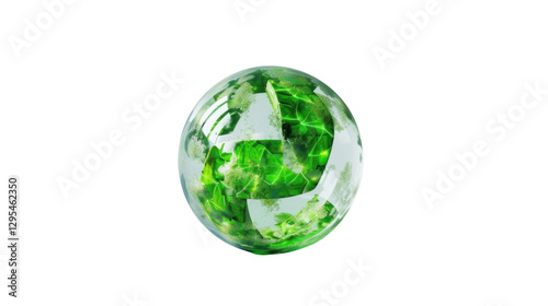 Recycling symbol rotating inside transparent green sphere with transparent background