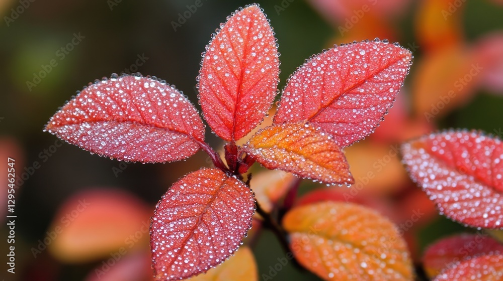 Red and orange leaves covered in water droplets sparkle brightly Red and orange leaves covered in water droplets sparkle brightly