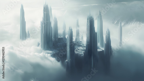 fortress city with giant chains anchoring it to the ground below, hidden in the fog 