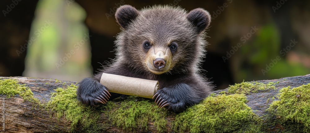 Obraz premium Bear Cub's Scroll: Mossy Log Cute Claws Forest Friend 