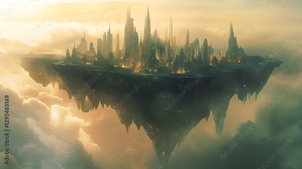 Naklejka premium fortress city with giant chains anchoring it to the ground below, hidden in the fog 