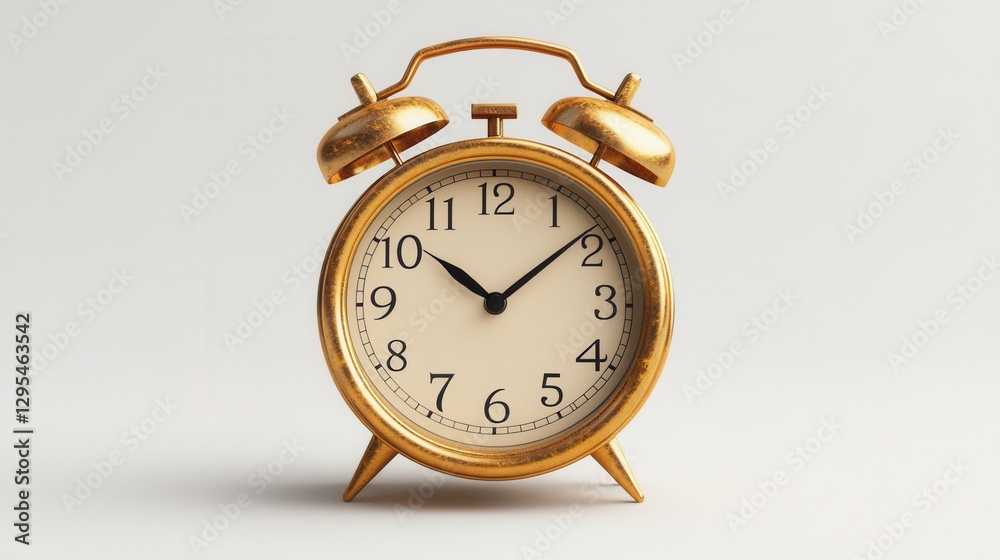 Elegant Golden Alarm Clock on White Background Showcasing Time Management and Timeless Design for Punctuality and Productivity Elegant Golden Alarm Clock on White Background Showcasing Time Management and Timeless Design for Punctuality and Productivity