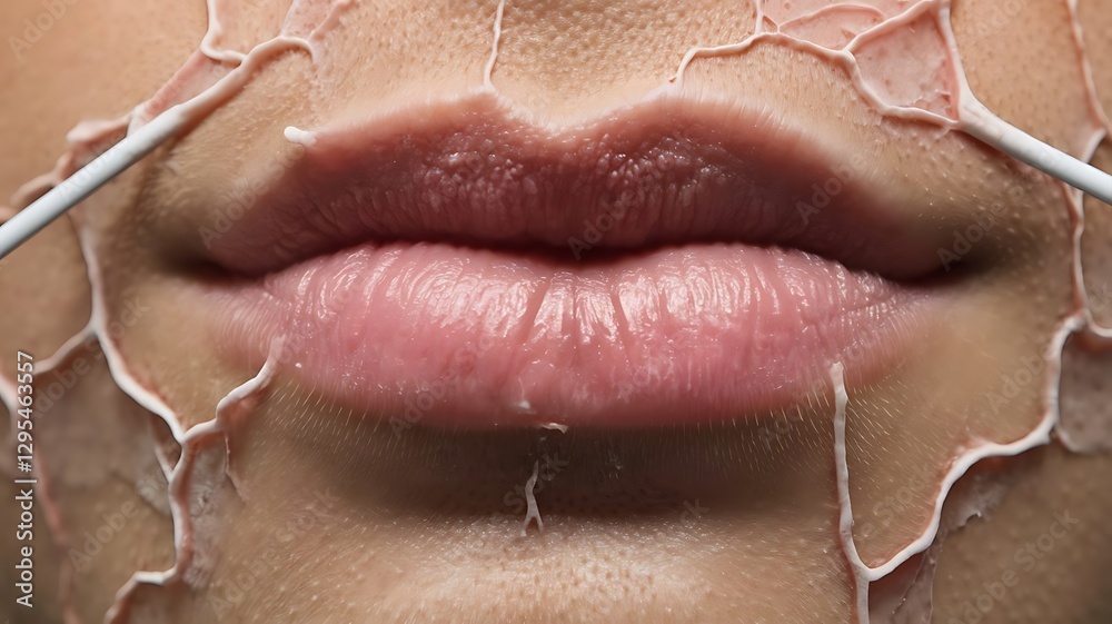 Fototapeta premium Close-up of Lips with Creamy Skin Treatment, Beauty Skincare