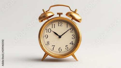 Elegant Golden Alarm Clock on White Background Showcasing Time Management and Timeless Design for Punctuality and Productivity