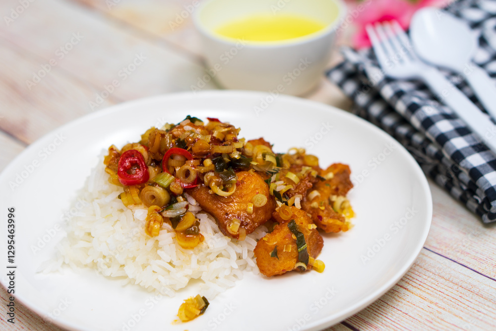 DEEP fried fish with herb & spicy sauce with rice DEEP fried fish with herb & spicy sauce with rice