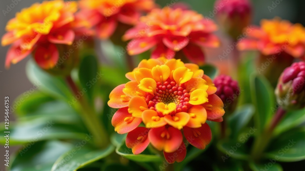 A close-up of a vibrant kalanchoe calandiva plant with orange and yellow flowers in full bloom. A close-up of a vibrant kalanchoe calandiva plant with orange and yellow flowers in full bloom.