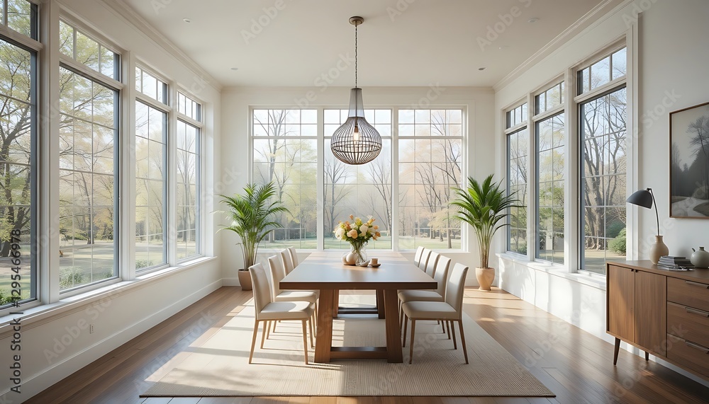 Fototapeta premium Elegant dining room featuring large windows and natural light