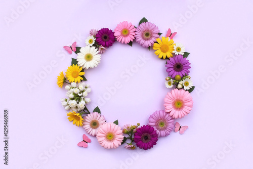 flower wreath with butterflies and flowers on a purple background photo