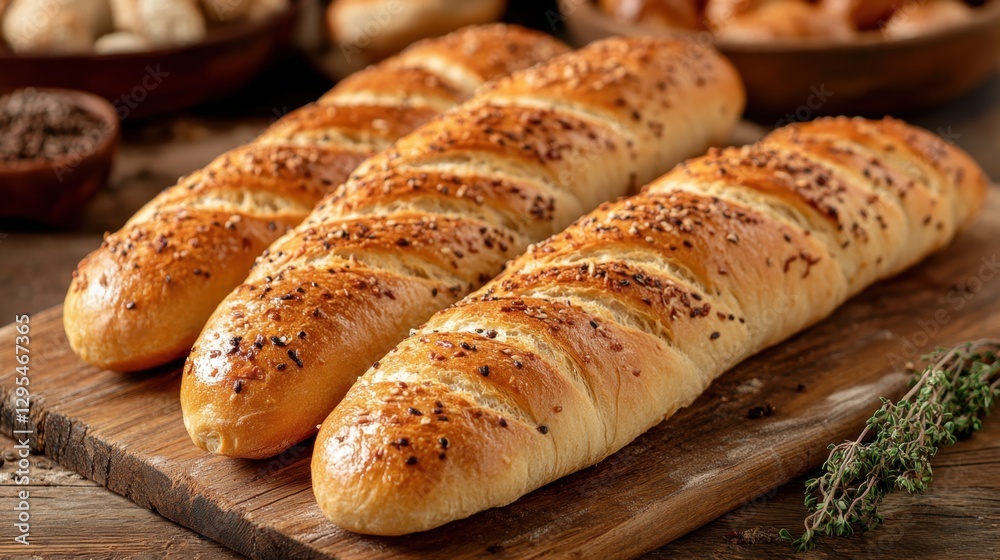 Golden baguettes with sesame seeds on wooden board rustic charm culinary delight fresh bakery product warm light food photography Golden baguettes with sesame seeds on wooden board rustic charm culinary delight fresh bakery product warm light food photography