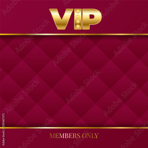 Luxury golden VIP card template, members only. Red leather background. Vector illustration for casino, party, award