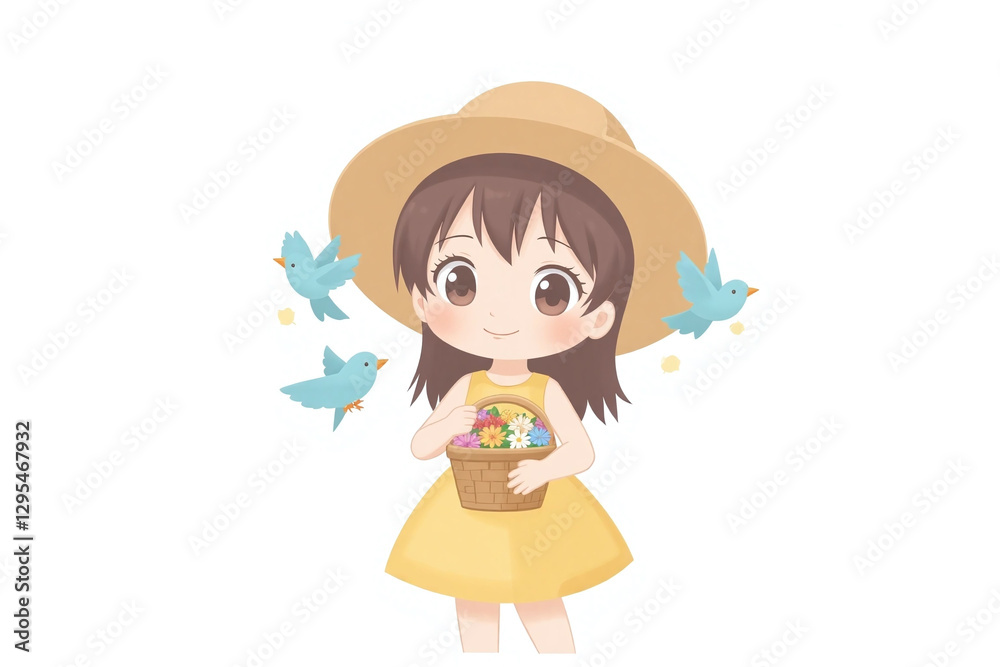 girl in a yellow dress and hat holding a basket of flowers girl in a yellow dress and hat holding a basket of flowers