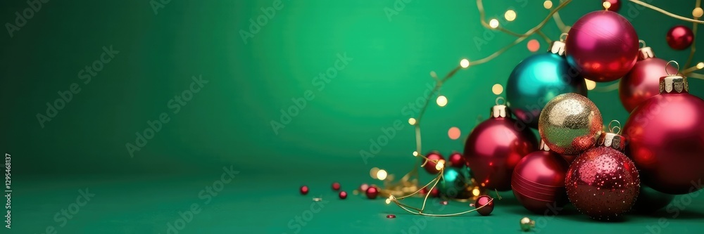 Swirl of multicolored Christmas balls on a rich emerald background, pink, decorations, holiday Swirl of multicolored Christmas balls on a rich emerald background, pink, decorations, holiday