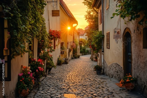 Sun shining on cobblestone street photo