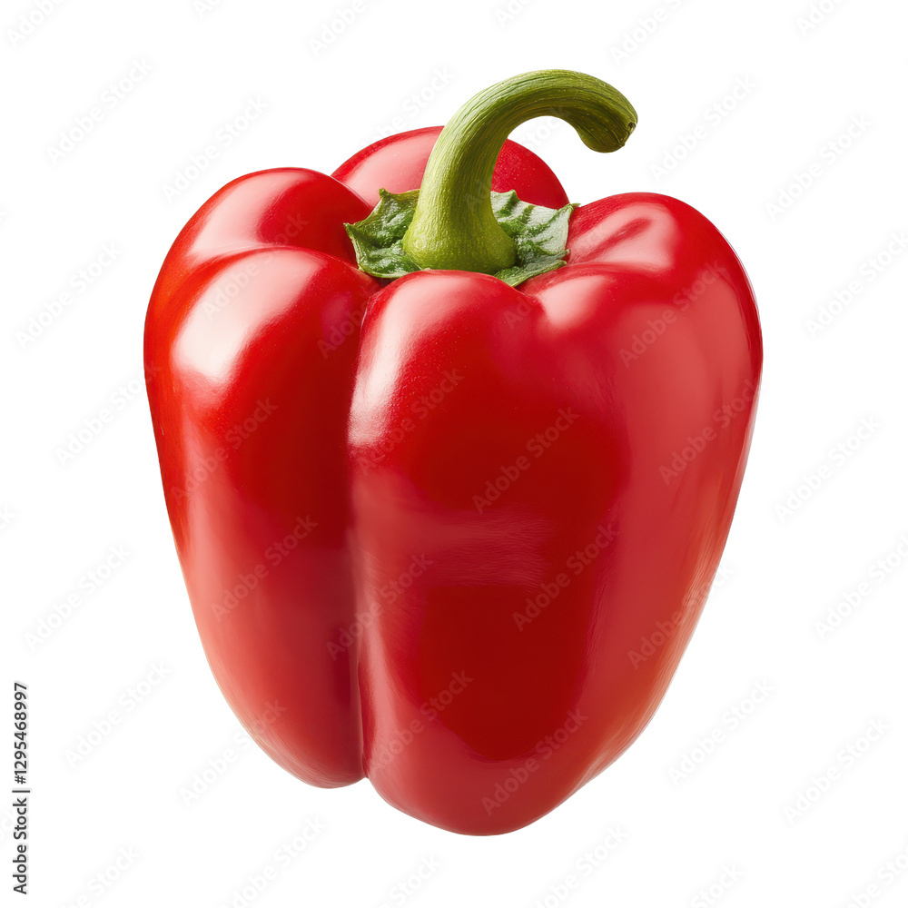 A vibrant red bell pepper with a glossy sheen The vegetable features a bright green stem isolated on a clean transparent backdrop A vibrant red bell pepper with a glossy sheen The vegetable features a bright green stem isolated on a clean transparent backdrop
