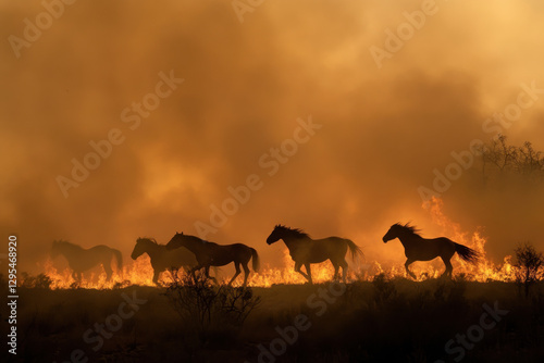 Wild horse herd galloping through wildfire-adapted landscape photo