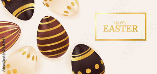 Happy Easter banner. Holiday greeting background with chocolate golden eggs. Template for ad, promotion, poster, flyer. Vector illustration of brown, beige colors