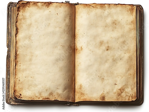 Open antique book, aged pages, white background