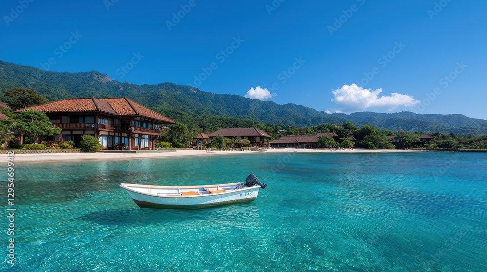 Boat floating in tropical turquoise water near hotel resort & mountains on sunny day Boat floating in tropical turquoise water near hotel resort & mountains on sunny day