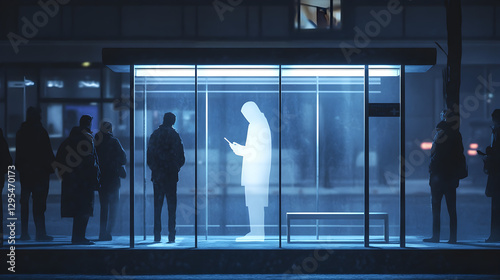 figure waiting at a bus stop, scrolling through its phone like the other commuters 