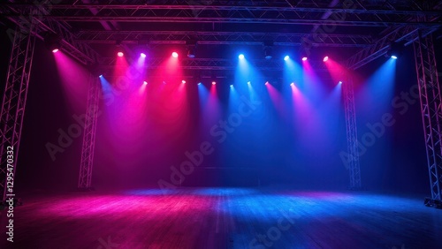 Obraz na płótnie A stage with a lighting truss system featuring vibrant red, blue, and purple spotlights illuminating the floor. w salonie