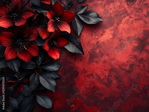 Red flowers with dark leaves and red textured background