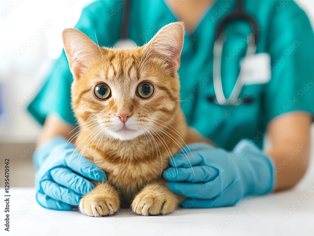 Naklejka premium Pet undergoing wellness check-up, caring vet interaction, inviting bright lighting