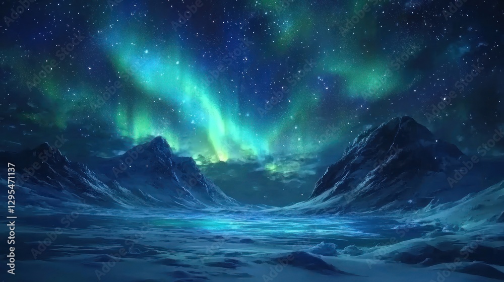 Aurora borealis dances above snowy mountains under a starry sky