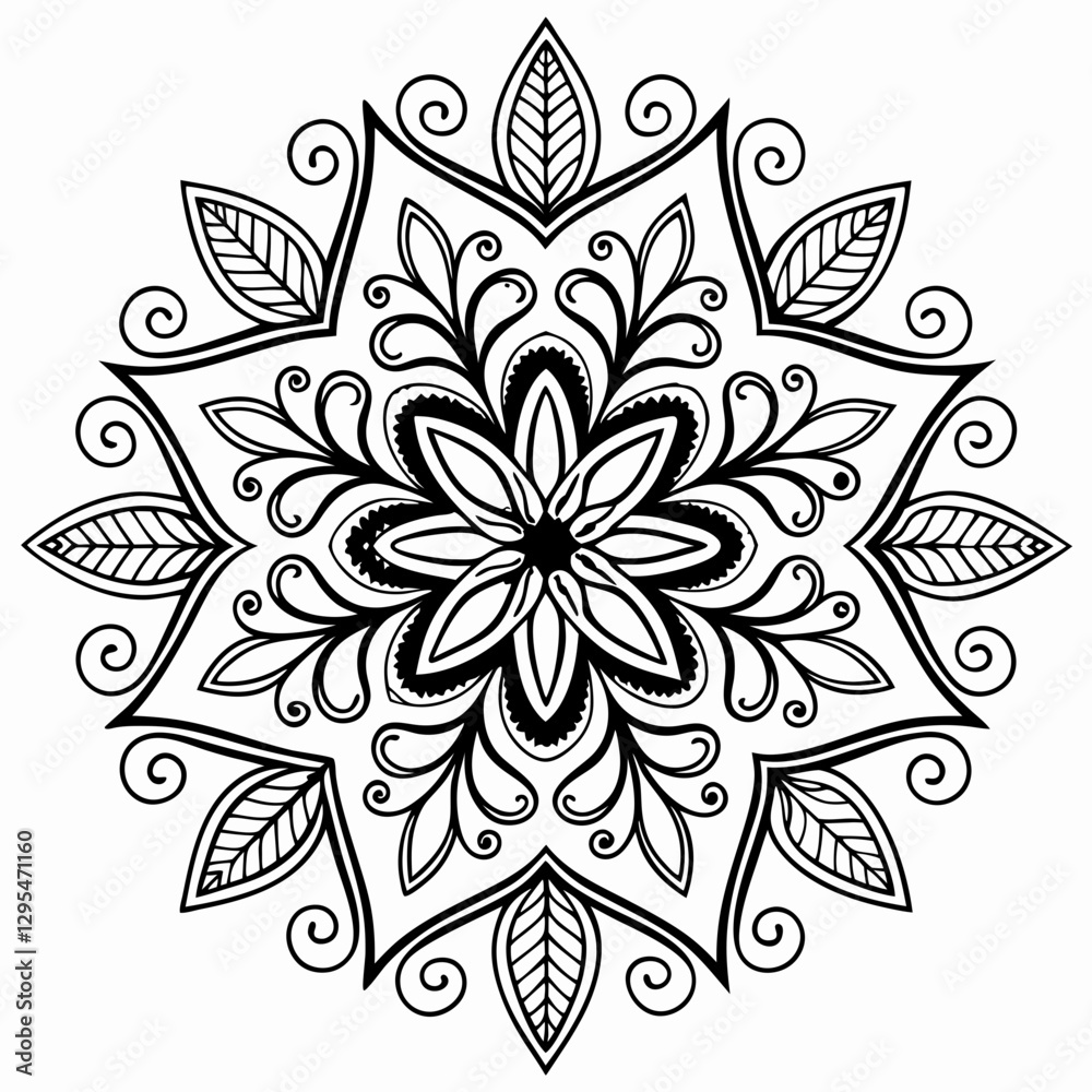 Black snowflake design with swirls on white paper drawing Black snowflake design with swirls on white paper drawing