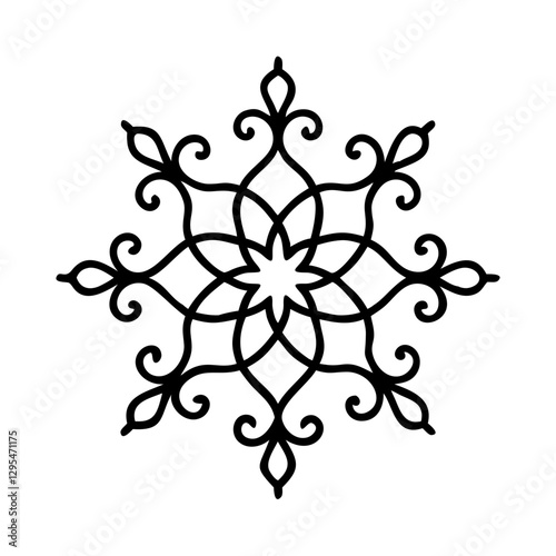 Black snowflake design with swirls on white paper drawing