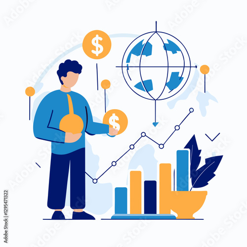 Young male professional in casual attire holding money in a global financial setting. Presenting global financial data with rising graphs and a globe.