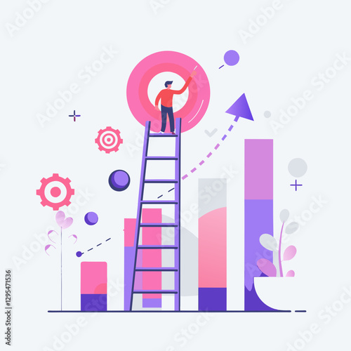 Young professional standing on a ladder reaching for success with growing graph and target imagery. Businessperson striving for success in modern office environment.
