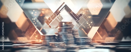 Stacks of coins are placed against a futuristic geometric background