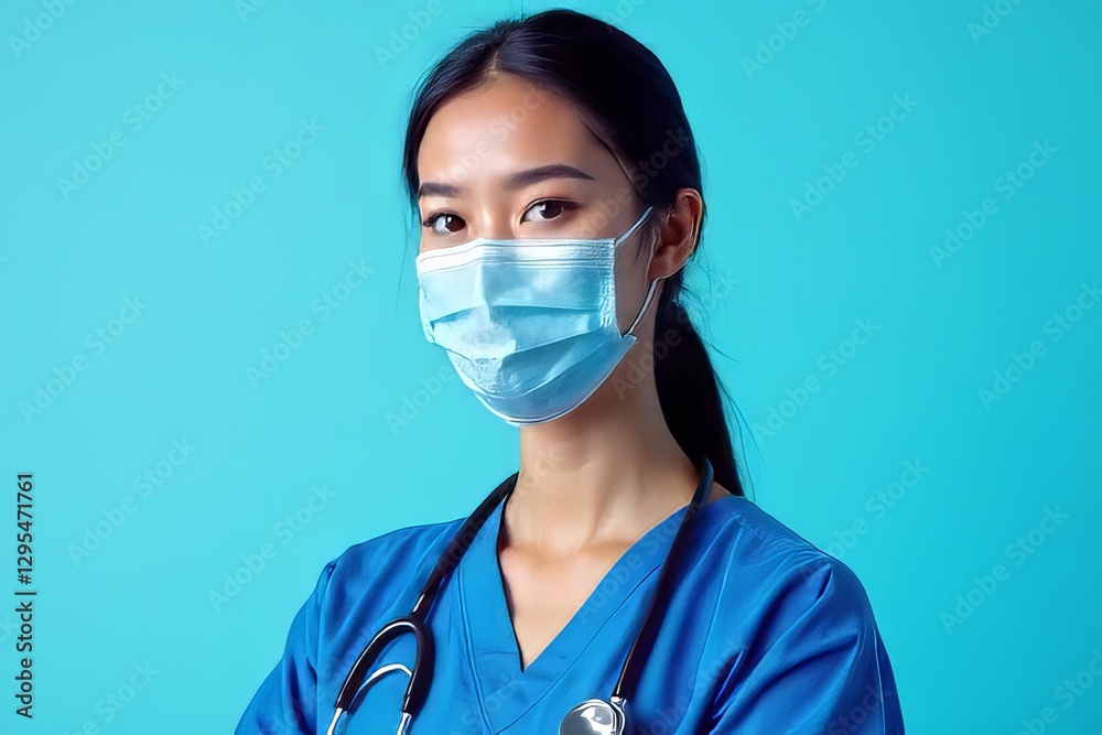 Healthcare Worker Wearing Protective Mask and Scrubs Against a Blue Background Healthcare Worker Wearing Protective Mask and Scrubs Against a Blue Background