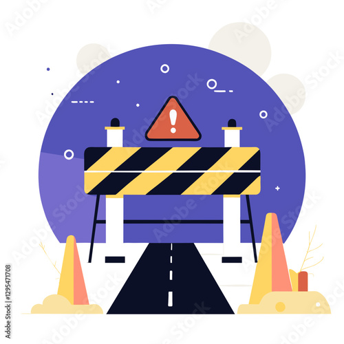 Road closure with construction barrier on a roadway. Flat illustration of a construction site with warning signs and cones.