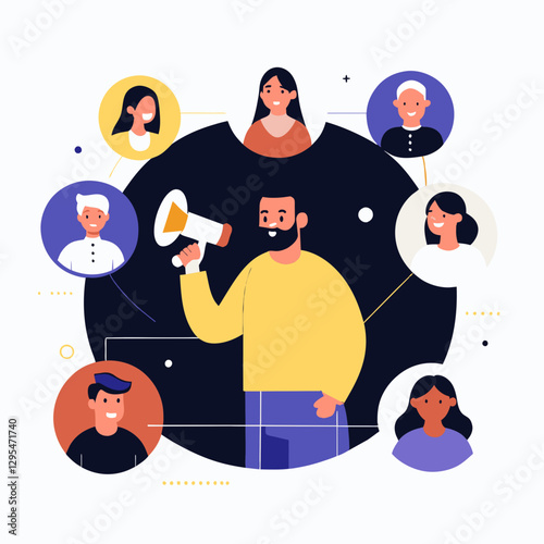 Man with beard in casual yellow shirt addressing diverse group in a communication setting. Public speaker holding megaphone in a corporate environment.