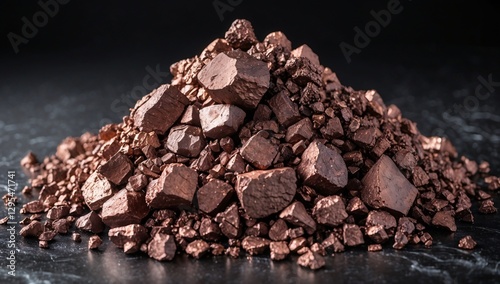 Close-up view of a pile of rough, brown copper ore rocks on a dark surface. The texture of the rocks is granular and rough, and the overall mood is dark and industrial. photo