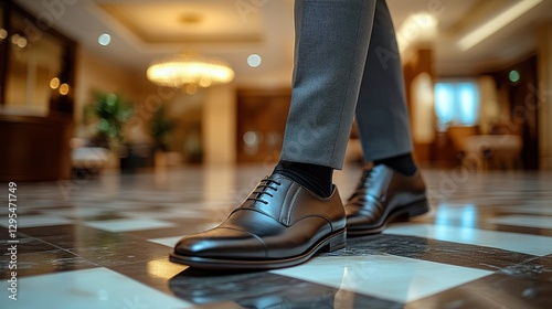 Elegant Man's Black Leather Oxfords in Luxurious Hotel Lobby photo