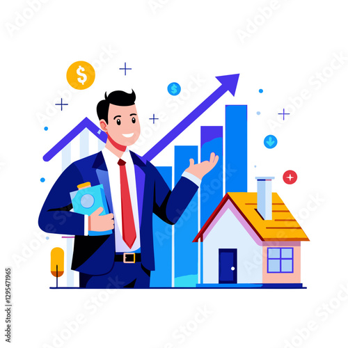 Young male real estate agent in a business suit and tie presenting a house with increasing market value graphic. Optimistic presentation with charts and financial symbols.