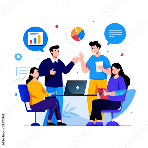 Business team in casual attire discussing data in a modern office setting. Diverse group engaged in a collaborative meeting around a table with laptop and visuals.