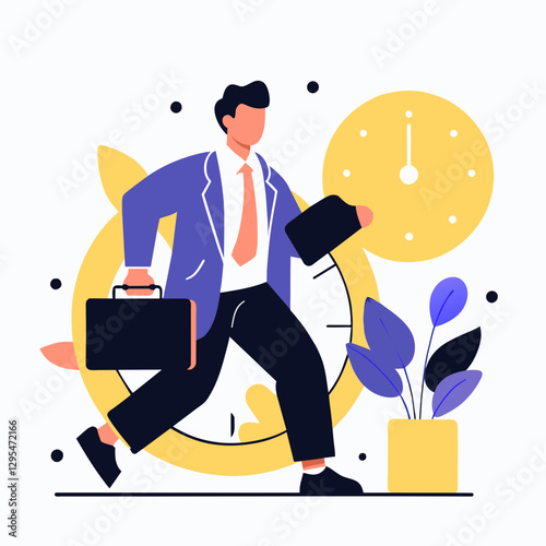 Businessman in a hurry with briefcase, rushing to meet deadline. Male professional in a suit running with a clock and plant background in the office.