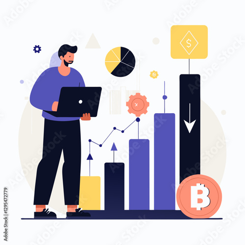 Man analyzing cryptocurrency market trends with laptop in modern office setting. Analyzing financial data with graphs and charts showcasing potential market fluctuations.