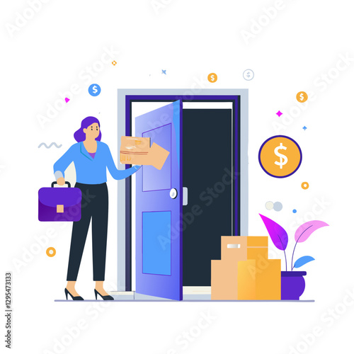 Female professional receiving a delivery at home doorway. Woman in business attire accepting package at the front door with multiple boxes present in the foreground.