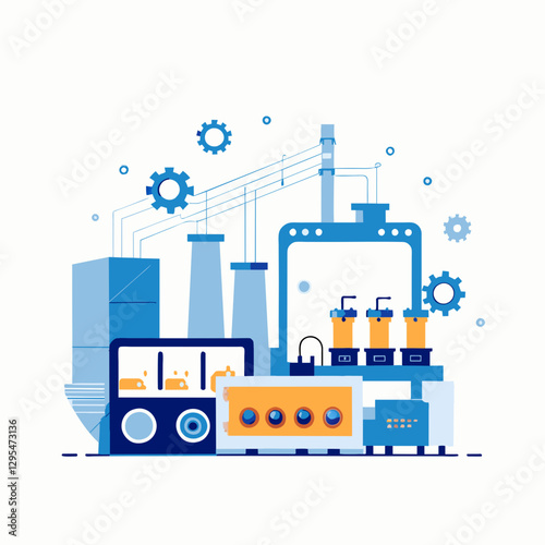 Industrial facility layout with various machinery in blue and orange hues. Diagrammatic representation of a production line with automated processes.