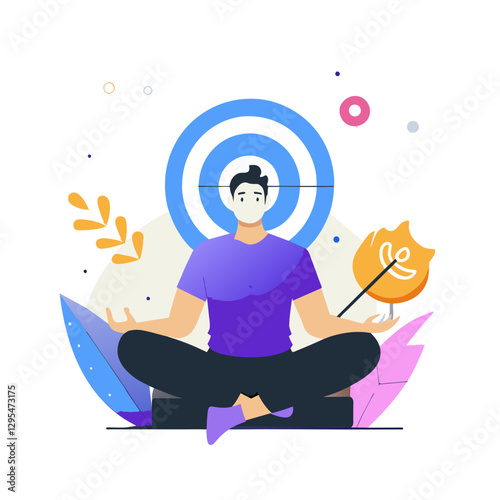 Young man in purple t-shirt and black pants meditating with a target graphic over his head. Focus and mindfulness concept in a flat design style.