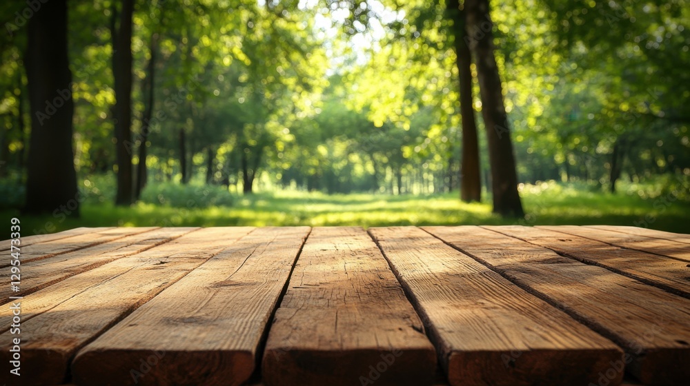 Rustic wooden table surface in a sun dappled forest clearing offering a serene natural backdrop for product placement or promotional display with a tranquil atmosphere Rustic wooden table surface in a sun dappled forest clearing offering a serene natural backdrop for product placement or promotional display with a tranquil atmosphere